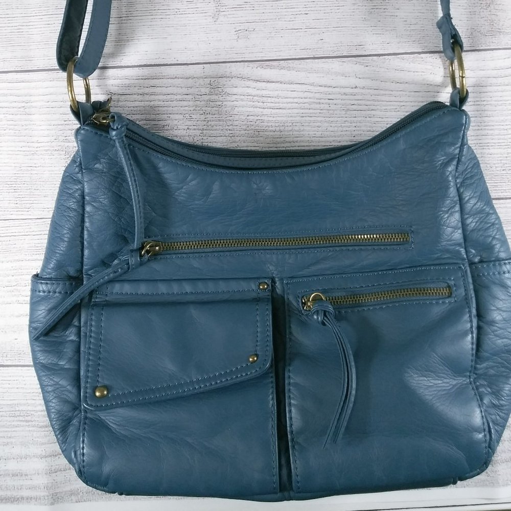 Purse Bueno Medium Blue Soft Leather 9 Pocket Adj. Strap Shoulder Bag